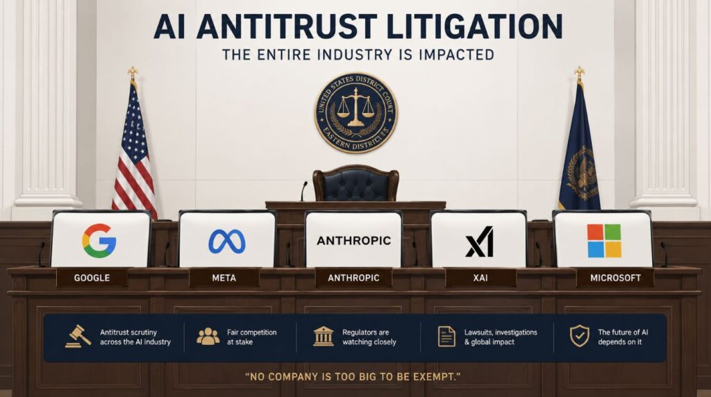 An infographic diagram showing various major tech company logos grouped together to symbolize the wider implications of putting AI on trial.