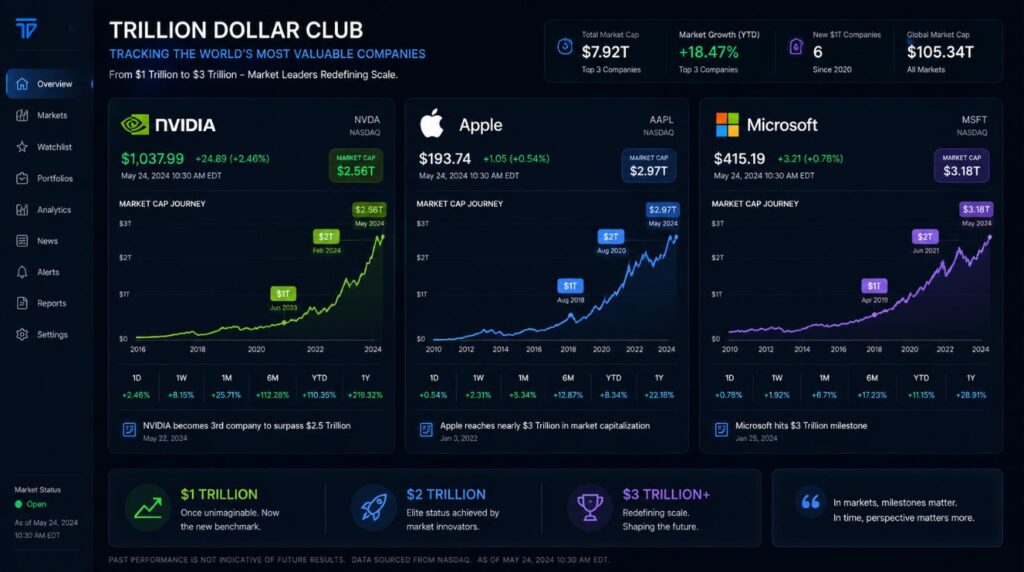 A financial market chart highlighting multi-trillion-dollar corporate milestones, helping readers contextualize how much is a trillion dollars in today's global economy.