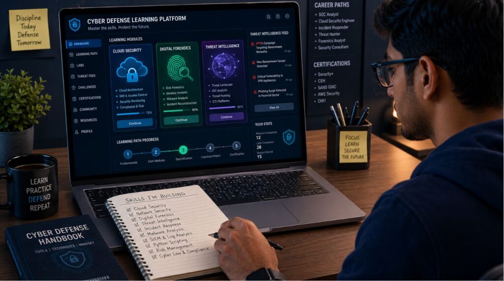 A college student studying modern network defense modules on a laptop to qualify for open cybersecurity jobs in India.