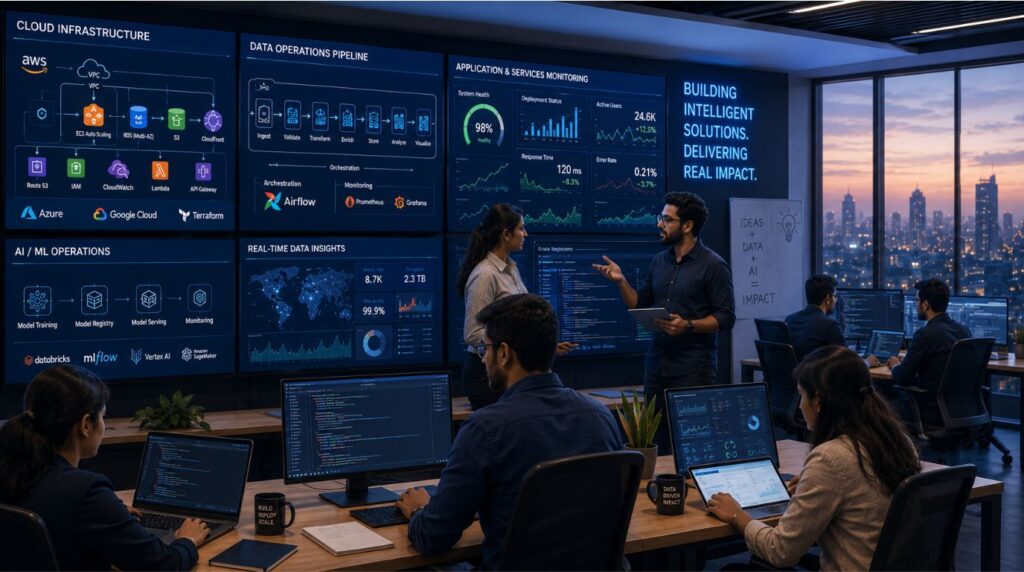 A professional tech team in India collaborating on cloud infrastructure and data operations as part of strategic AI investment for business.
