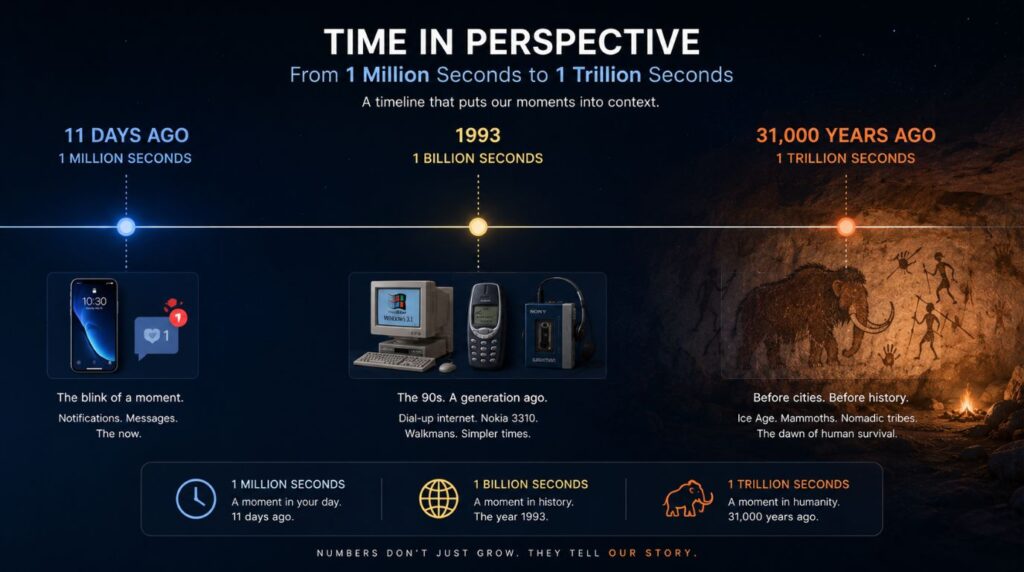 An infographic timeline using seconds as a measurement of history to explain how much is a trillion dollars.