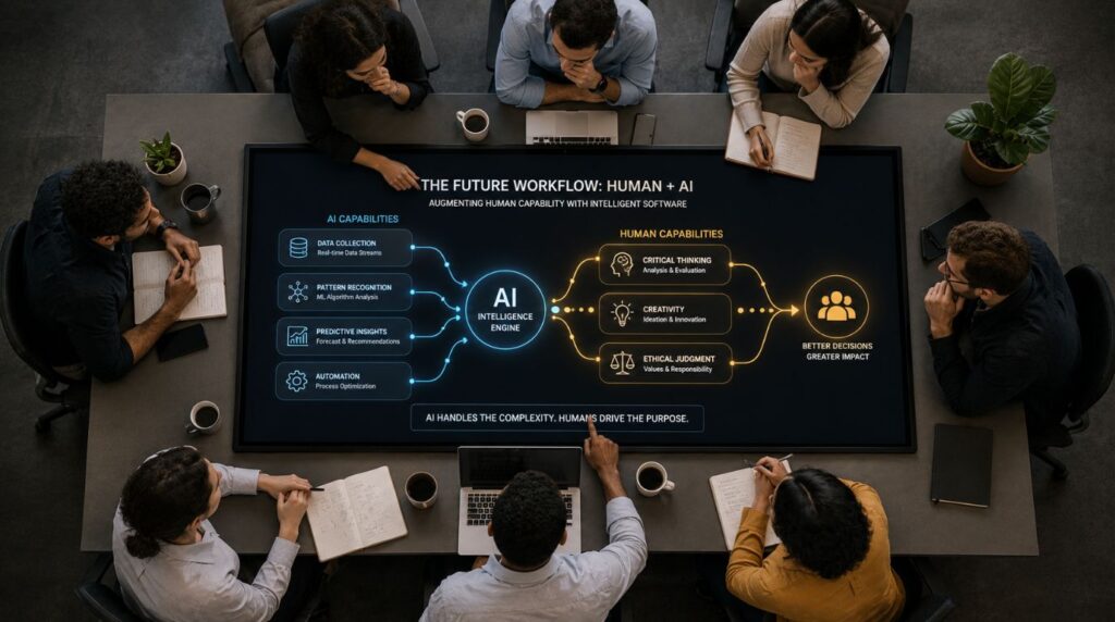 A corporate meeting analyzing how emotional intelligence and critical thinking combine with technology to drive the AI skills salary premium.