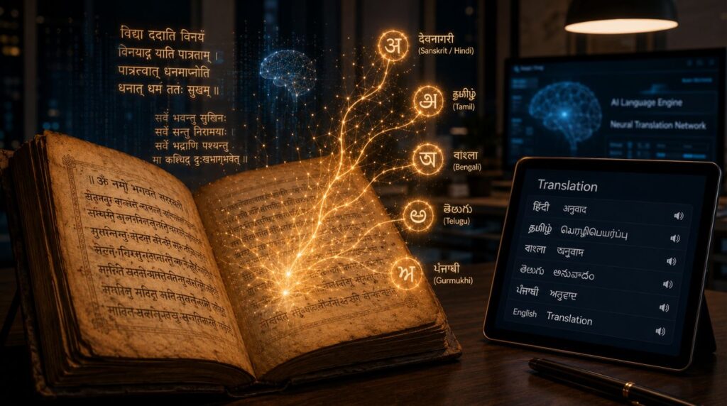 A glowing digital network connecting various scripts and alphabets representing the rich diversity of regional languages in India.