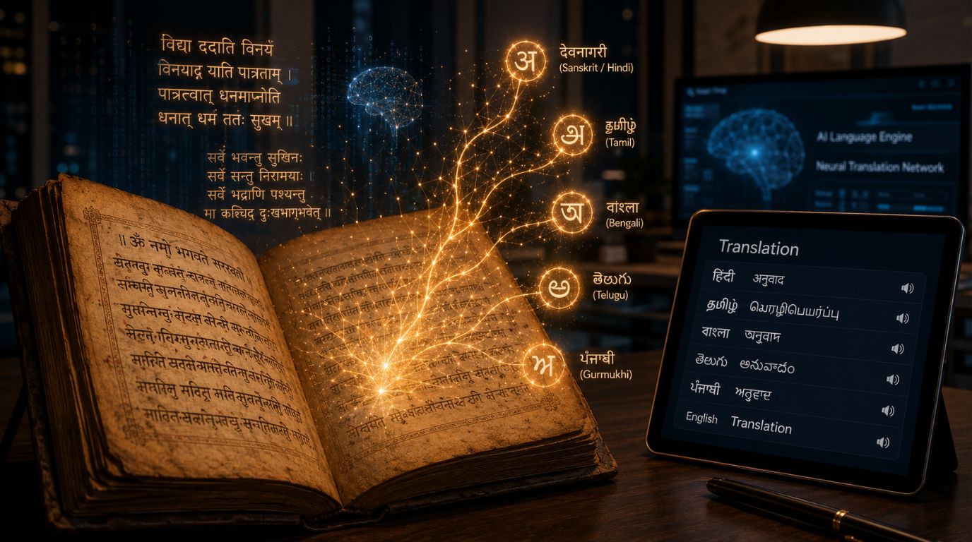 A glowing digital network connecting various scripts and alphabets representing the rich diversity of regional languages in India.