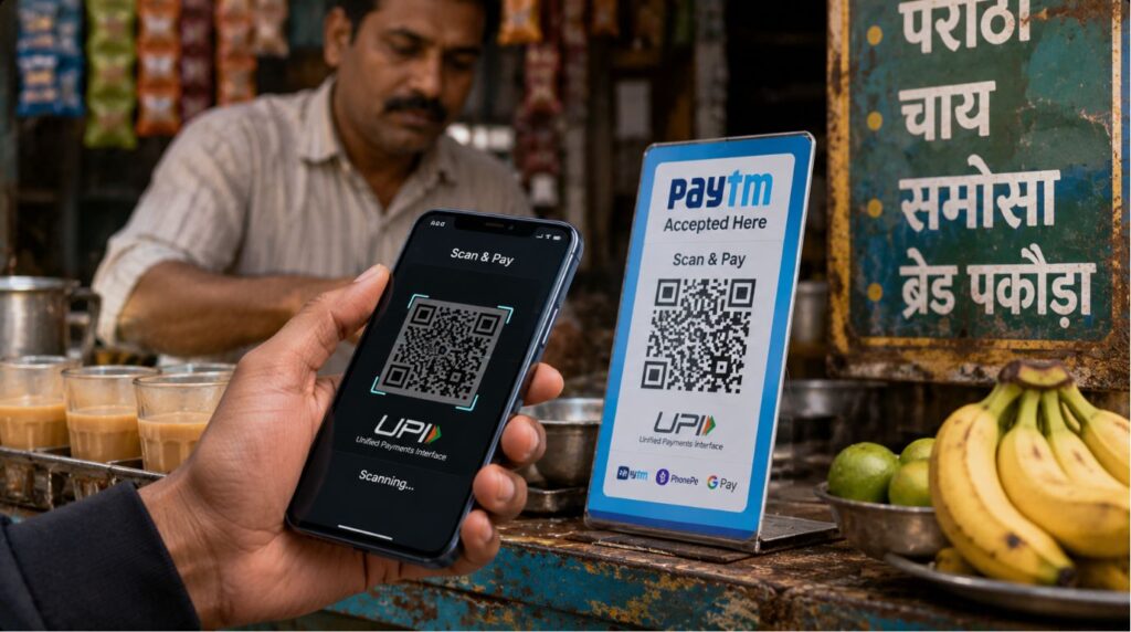 A close-up of a smartphone scanning a quick-response code for a retail transaction, illustrating how daily internet users in India utilize UPI.
