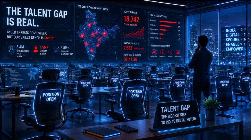 A corporate server room layout with rows of empty chairs highlighting the thousands of vacant cybersecurity jobs in India.