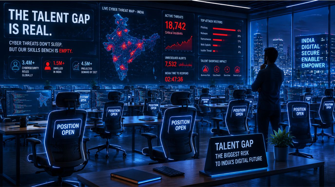 A corporate server room layout with rows of empty chairs highlighting the thousands of vacant cybersecurity jobs in India.