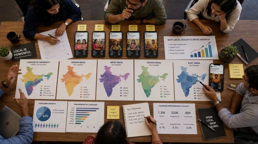 A corporate meeting analyzing regional demographic charts and localized advertising campaigns to target users of regional languages in India.
