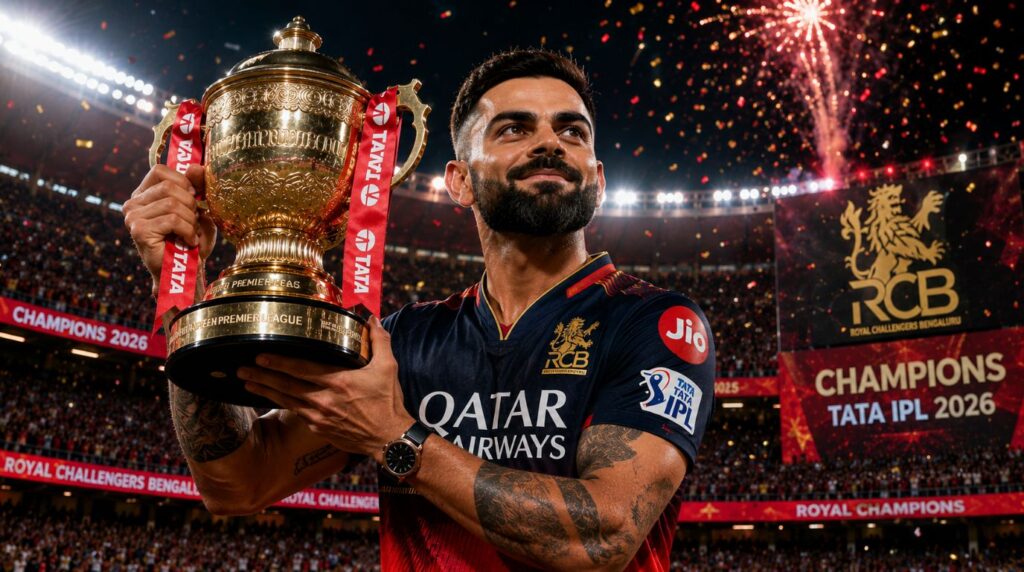 Virat Kohli RCB IPL Legacy cemented as he proudly lifts the IPL trophy in his Royal Challengers Bengaluru jersey, celebrating back-to-back title victories.
