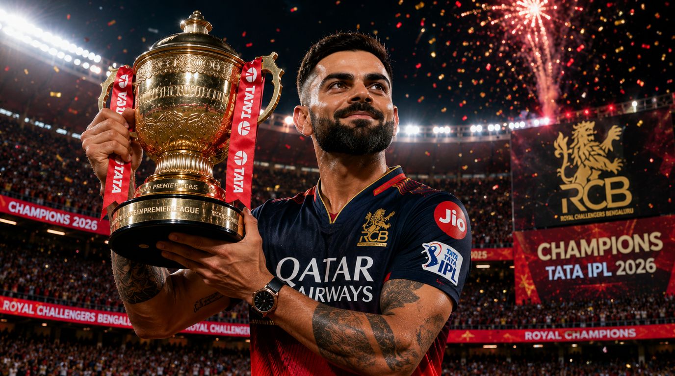 Virat Kohli RCB IPL Legacy cemented as he proudly lifts the IPL trophy in his Royal Challengers Bengaluru jersey, celebrating back-to-back title victories.