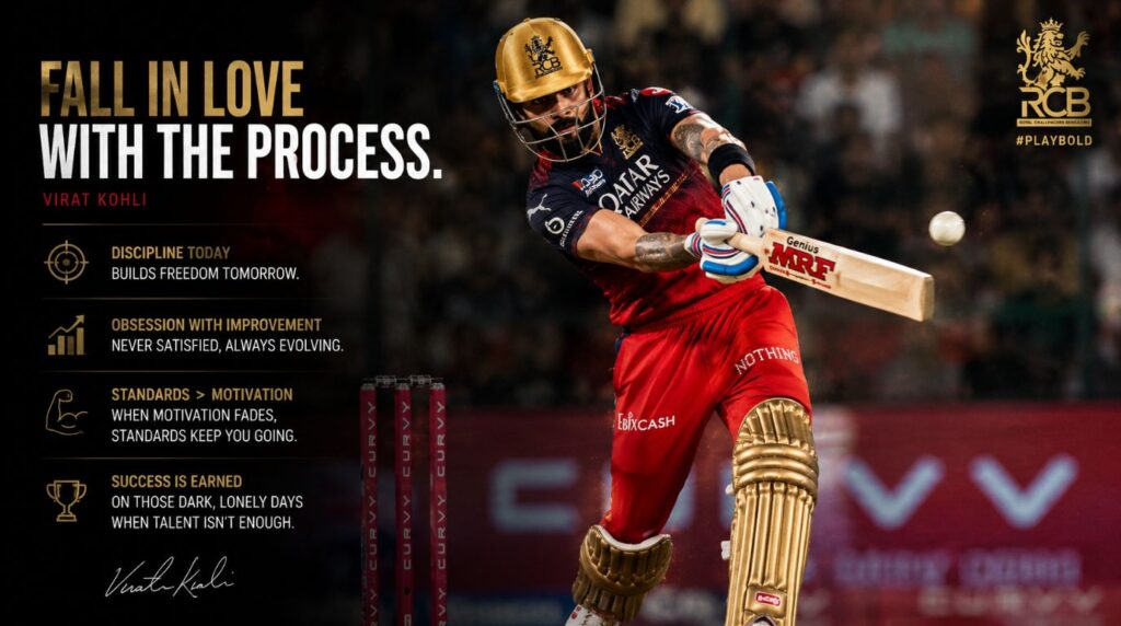 Virat Kohli showcasing the focus, elite fitness, and dedication to the process that defines the ultimate Virat Kohli RCB IPL Legacy.
