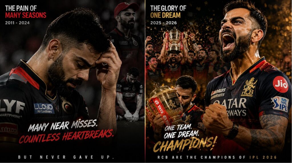 A visual journey of the Virat Kohli RCB IPL Legacy, contrasting early career tournament heartbreaks with recent back-to-back championship mastery.