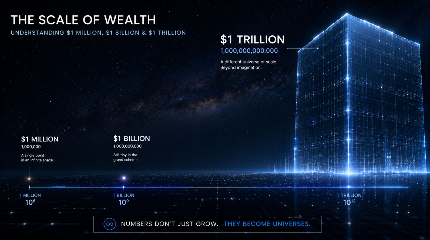 A clean, abstract digital graphic comparing million, billion, and trillion scales to illustrate exactly how much is a trillion dollars.