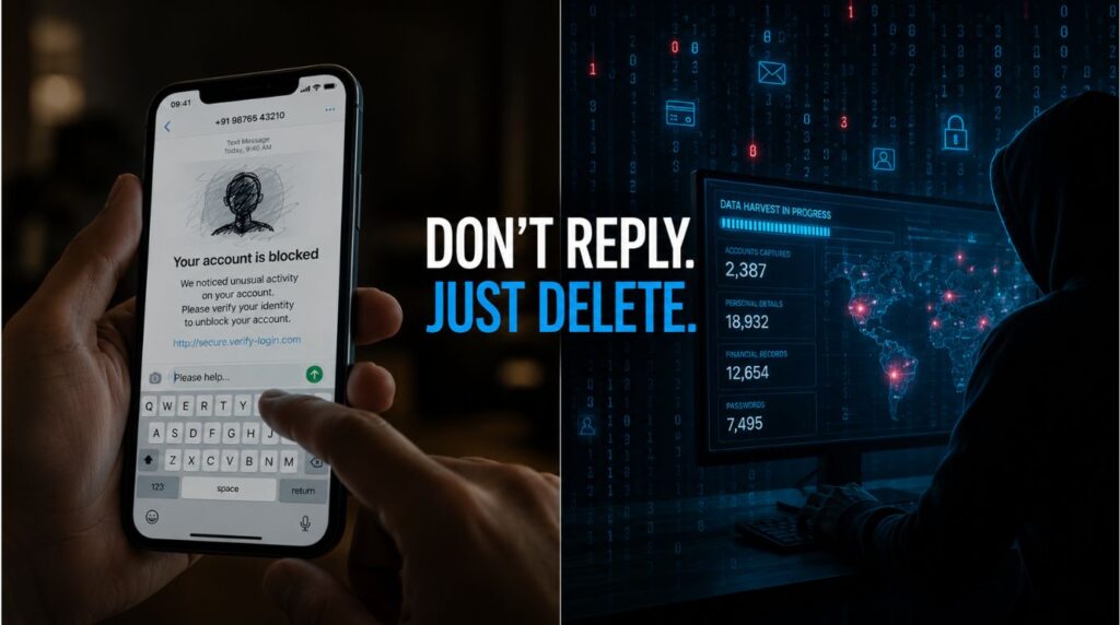 A smartphone displaying a fraudulent message next to a digital background, illustrating why you shouldn't reply to scam texts to avoid giving away data.
