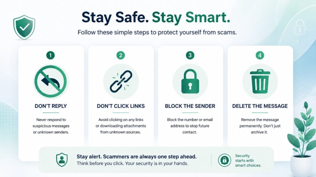 A clean cybersecurity checklist with icons for blocking and deleting messages, visually reinforcing why you shouldn't reply to scam texts.