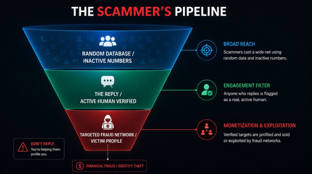 An infographic chart mapping out a fraud engagement funnel to show why you shouldn't reply to scam texts and become a verified target.