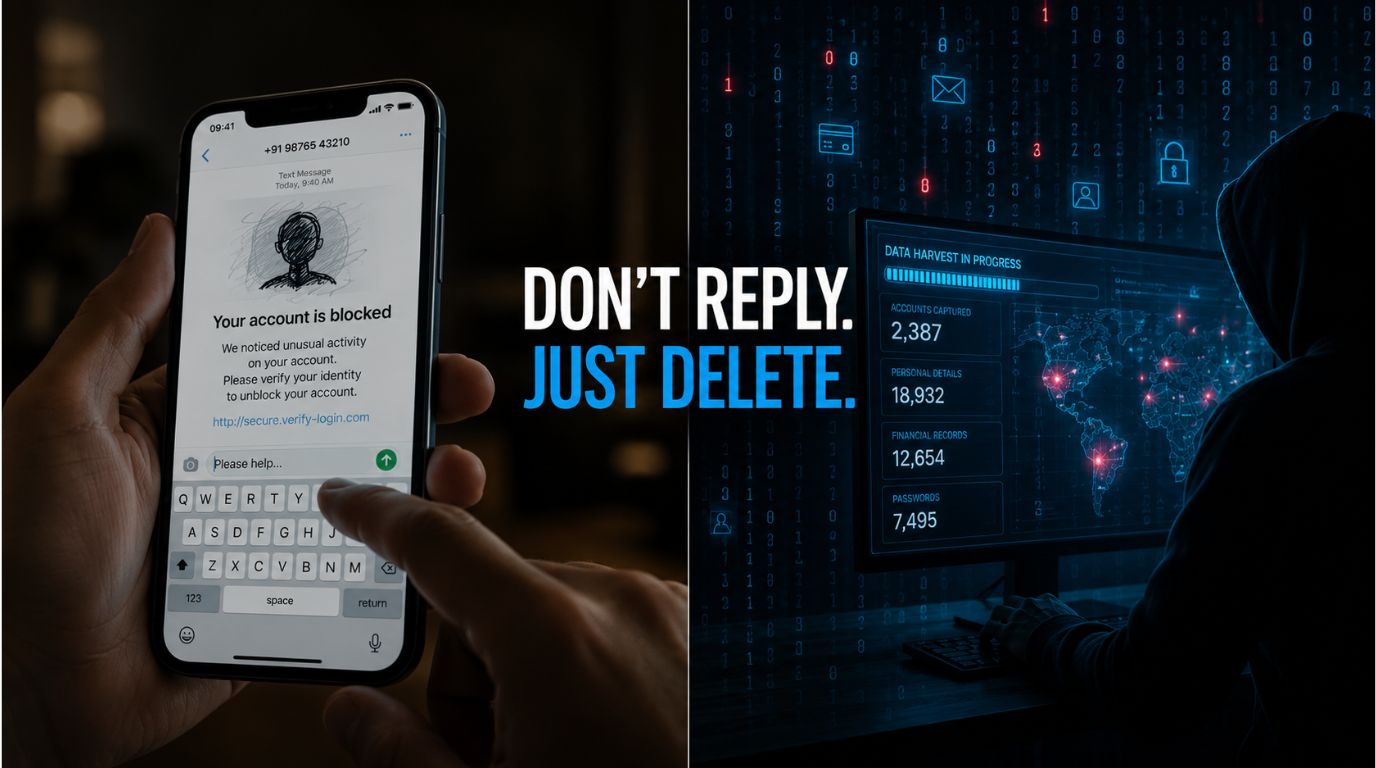 A smartphone displaying a fraudulent message next to a digital background, illustrating why you shouldn't reply to scam texts to avoid giving away data.