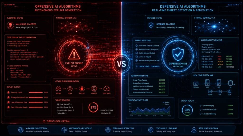 Split screen infographic showing offensive AI exploit scripts battling automated defensive AI threat intelligence systems.