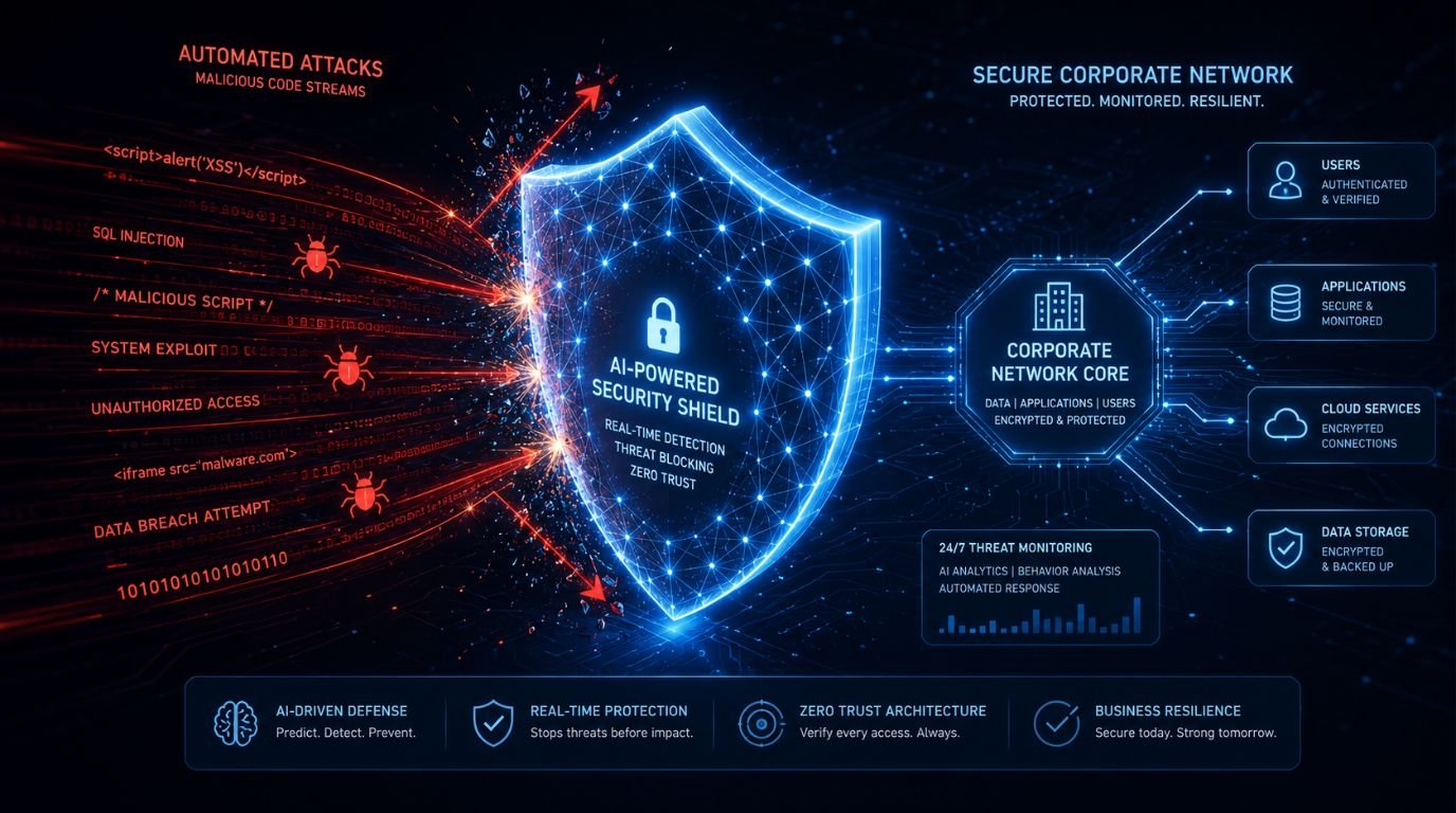 Digital neural network shield representing AI threat intelligence defending corporate enterprise data from cyber attacks.