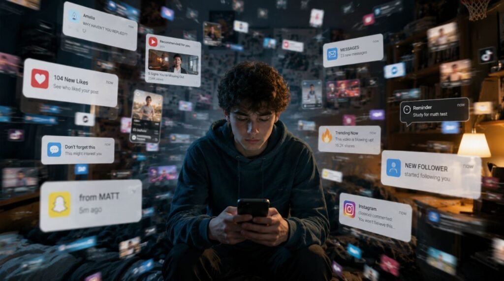 Teenager surrounded by multiple digital notifications illustrating the attention economy.