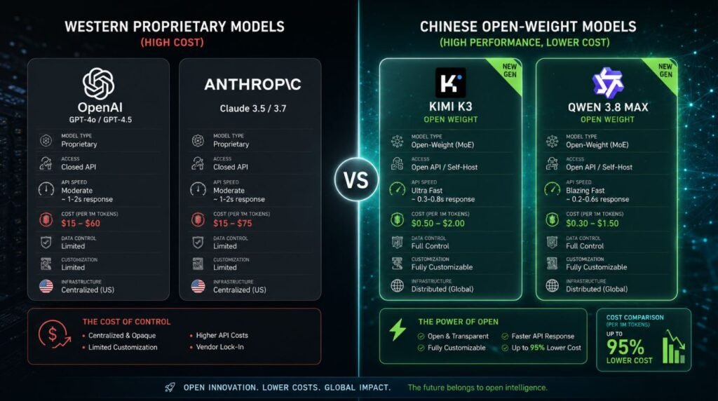 Comparison infographic showing Chinese AI models versus American proprietary models in enterprise adoption.