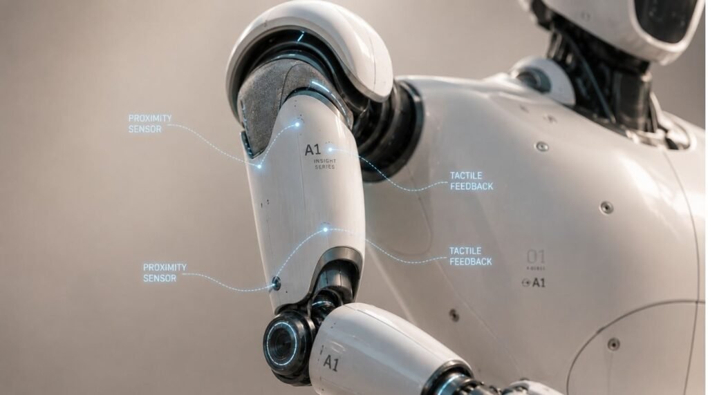 Close-up of advanced sensors and force limitations on a robotic arm designed for humanoid robots safety