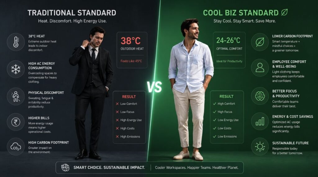 Infographic comparing traditional corporate attire with the Cool Biz initiative for professional dress code in workplace.