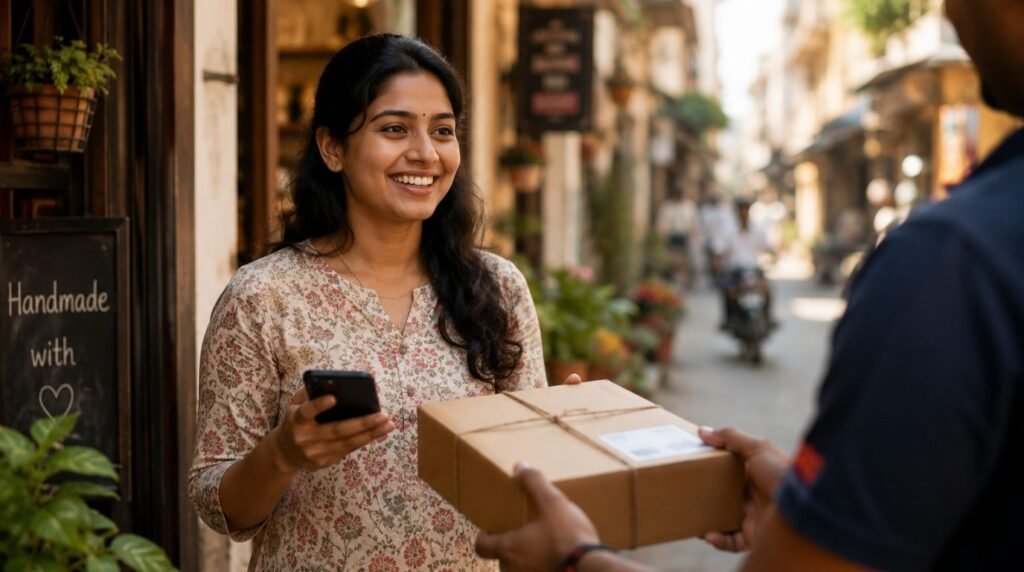 Customer in a Tier-2 Indian city receiving an online delivery, showing the surge in Bharat e-commerce growth
