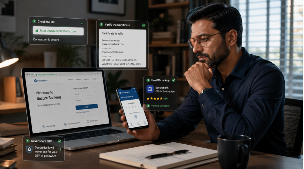 Person carefully verifying a banking website before entering financial information to prevent cyber fraud.