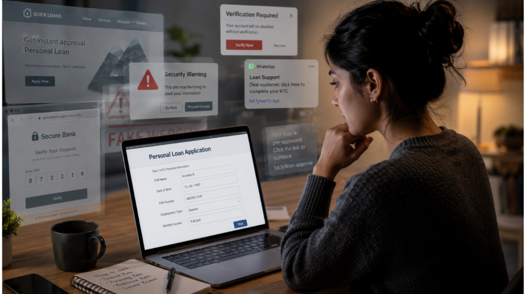 Cyber Fraud illustration showing a woman facing a fake loan website while cybercriminals manipulate digital information.