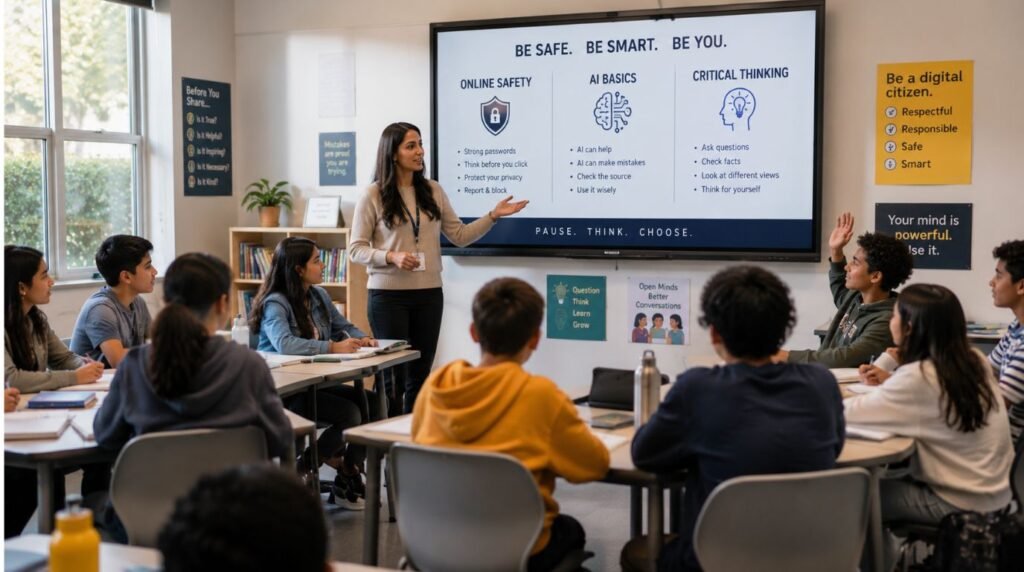 Teacher explaining digital literacy concepts in a modern classroom.