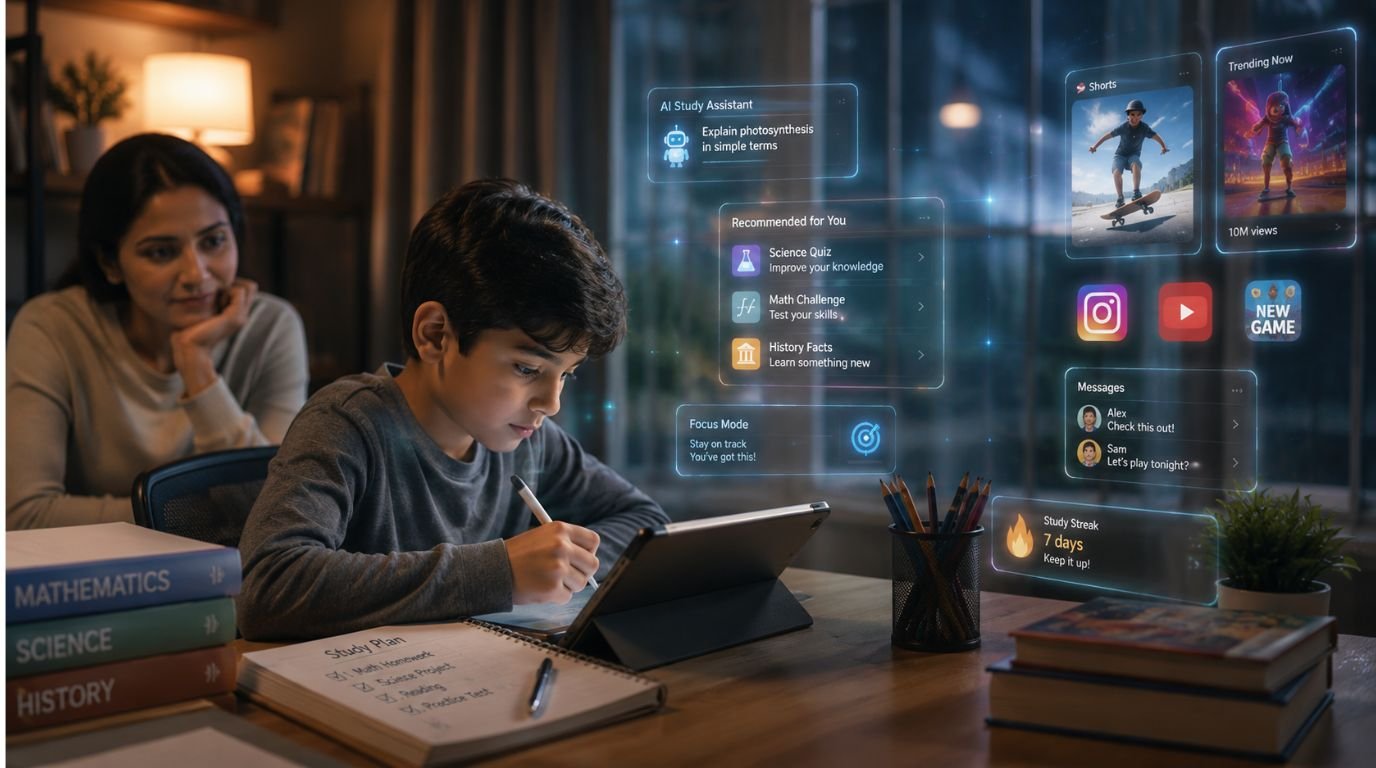 Child using a tablet while surrounded by AI interfaces and social media icons, representing digital literacy in the age of artificial intelligence.