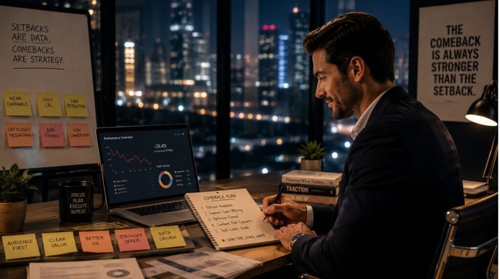 Business professional reviewing setbacks while planning the next move, representing a comeback mindset.