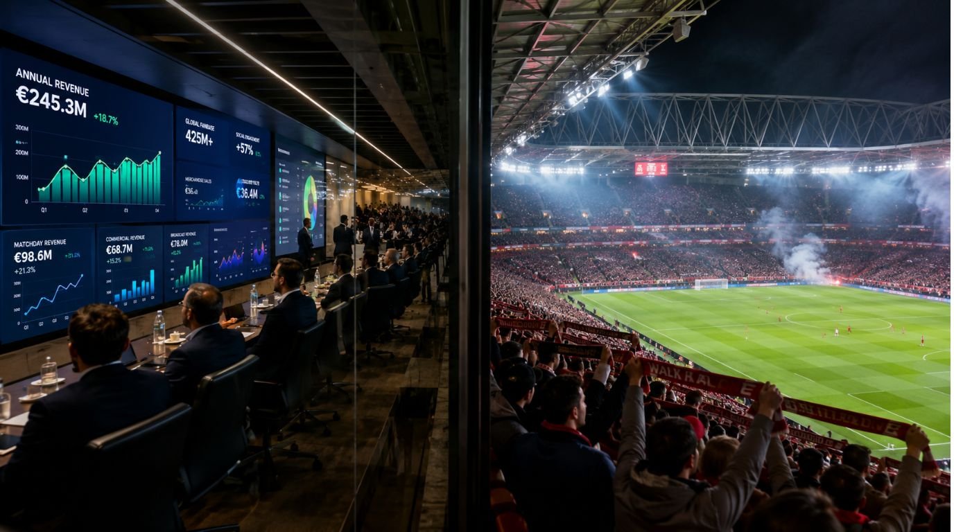 FIFA World Cup showing corporate stadium suites alongside traditional soccer fans