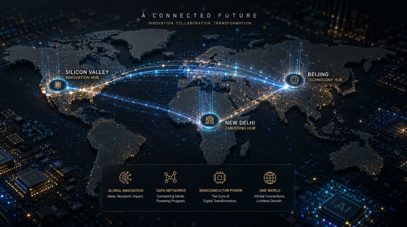 Digital isometric map depicting the geopolitics of AI and global neural network connections across nations.