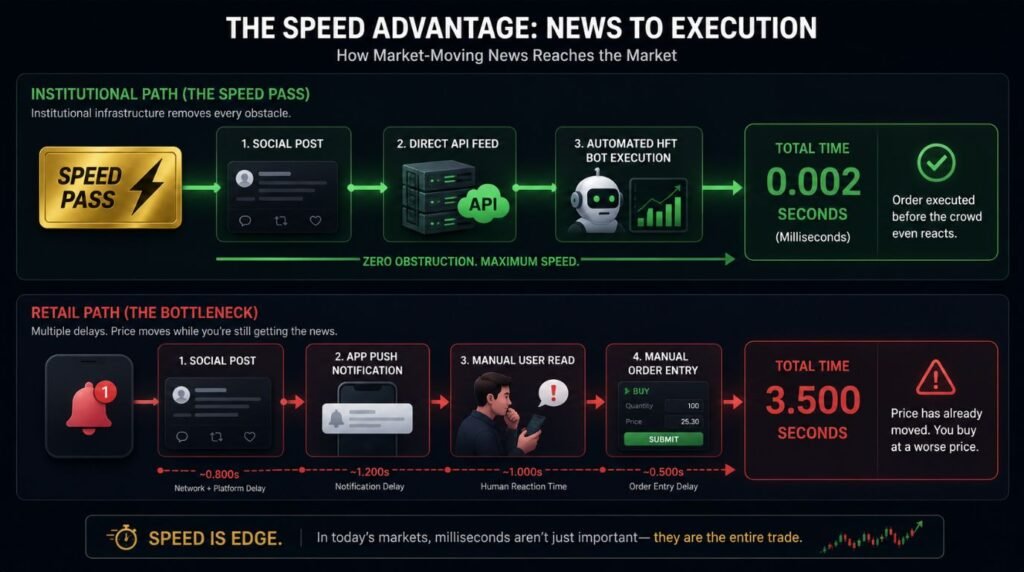 Infographic illustrating the latency gap between institutional high-frequency trading data feeds and retail social media alerts.