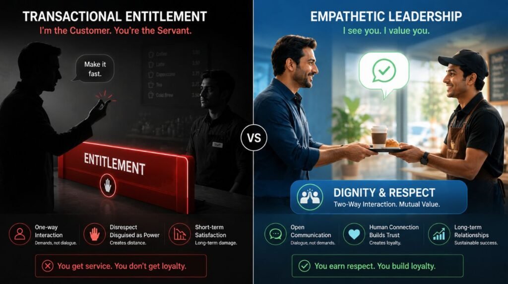 Infographic comparing respectful service culture with entitlement, illustrating leadership character and integrity.