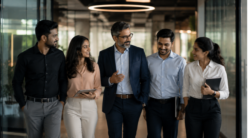 Diverse team confidently following a leader who earns trust through character.