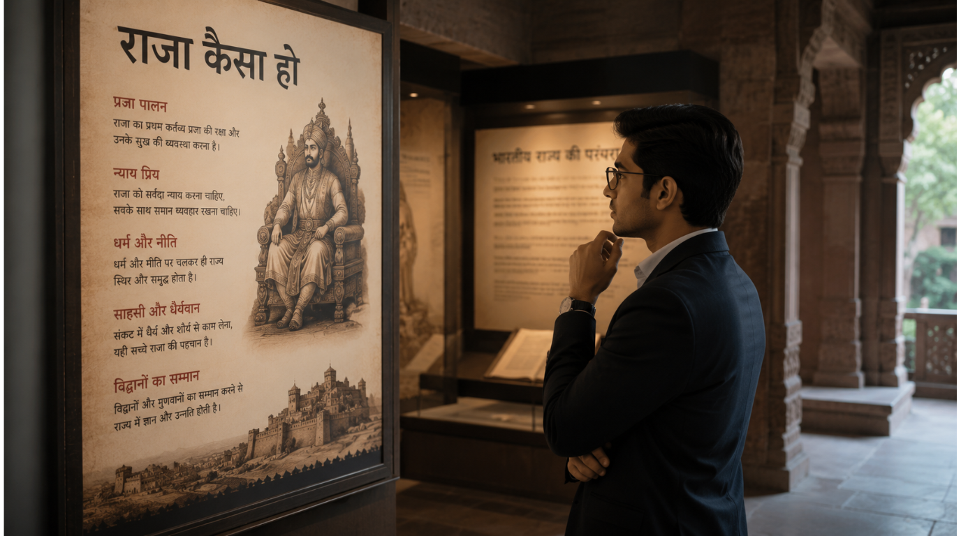 Ancient display about leadership qualities beside a modern business leader, symbolizing timeless leadership principles.