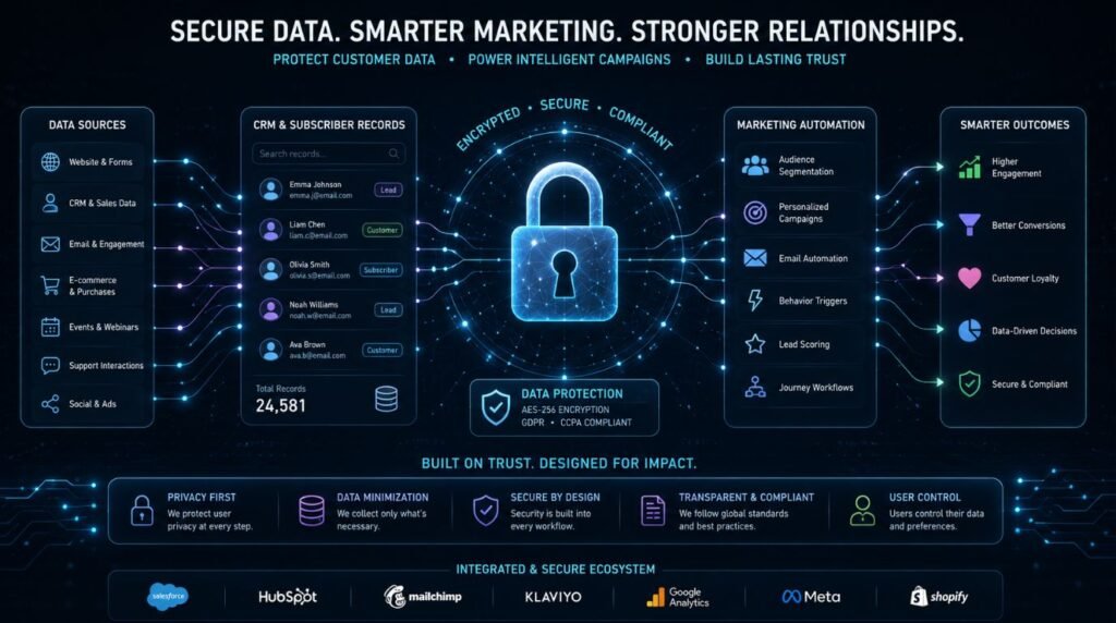 Digital lock graphic protecting customer CRM data and marketing automation platforms from AI security breaches.