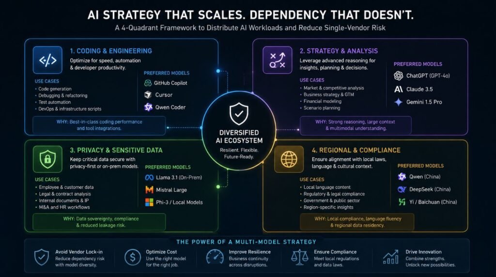 Four-quadrant diagram explaining a multi-model AI strategy for enterprise security and vendor independence.