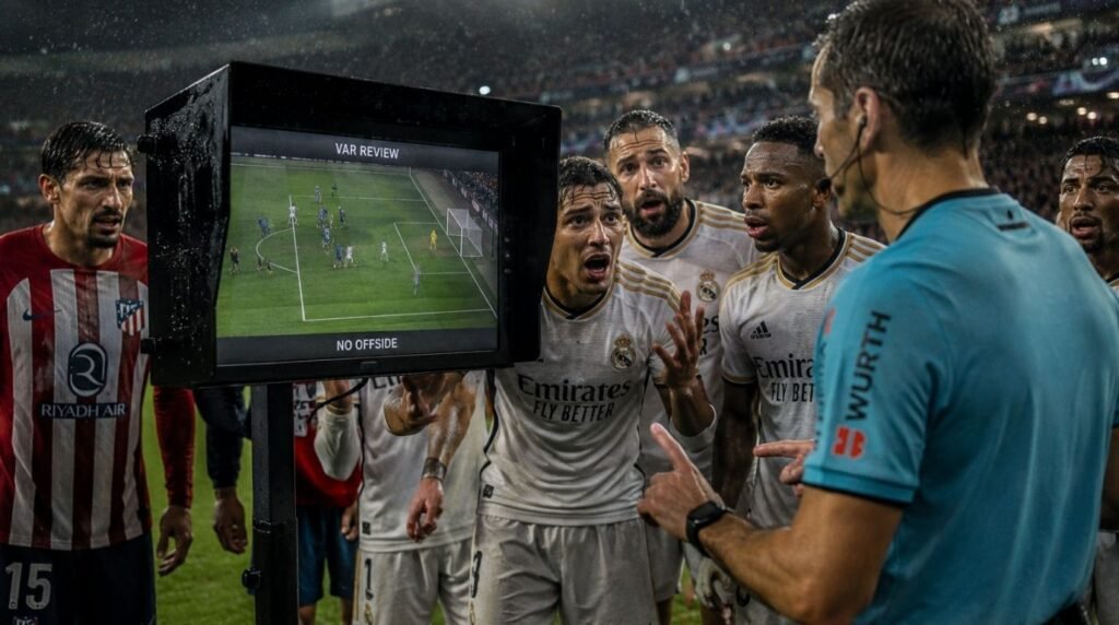 Pitchside VAR monitor during a high-stakes FIFA match illustrating controversial officiating decisions in modern soccer
