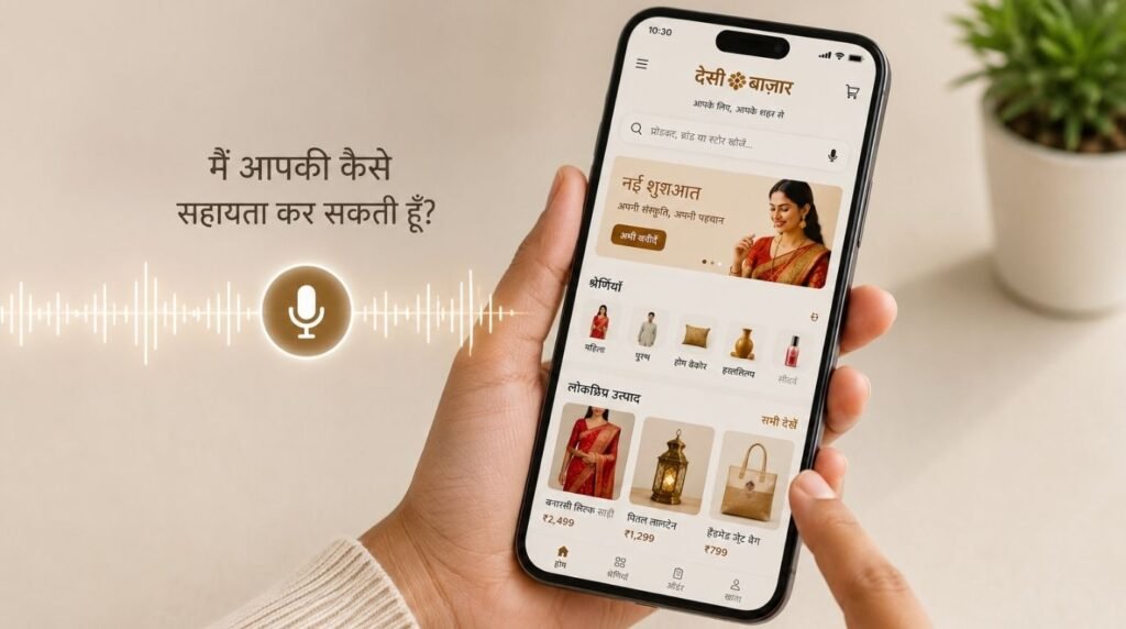 Smartphone user interacting with a vernacular voice search feature on a localized e-commerce platform in India