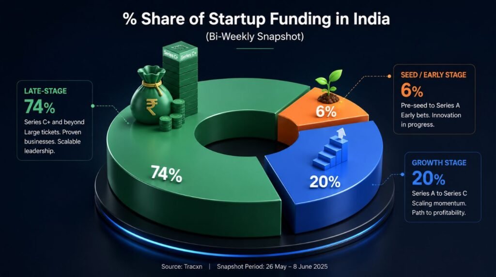 3D pie chart visualizing the distribution of startup funding in India across Seed, Growth, and Late stages.