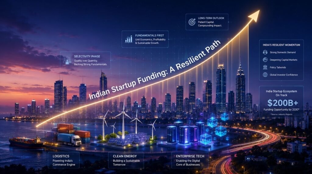 Conceptual visual showing the resilient growth of startup funding in India with upward trend arrows and financial data overlays.