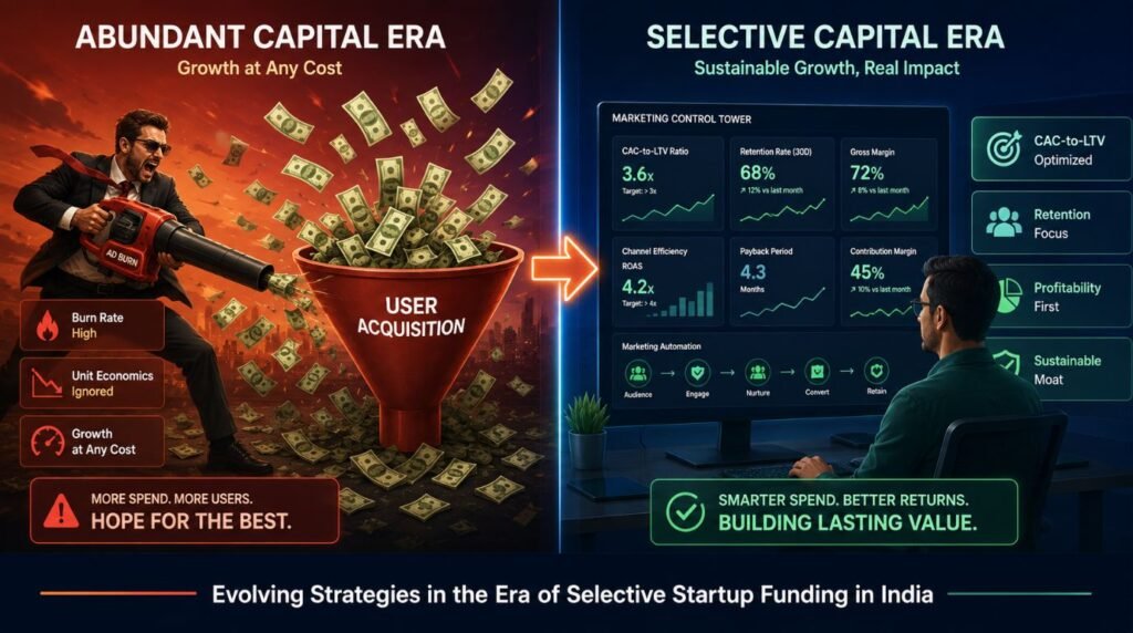 Comparison graphic illustrating how Indian startup funding shifts influence marketing strategy from burn to retention.