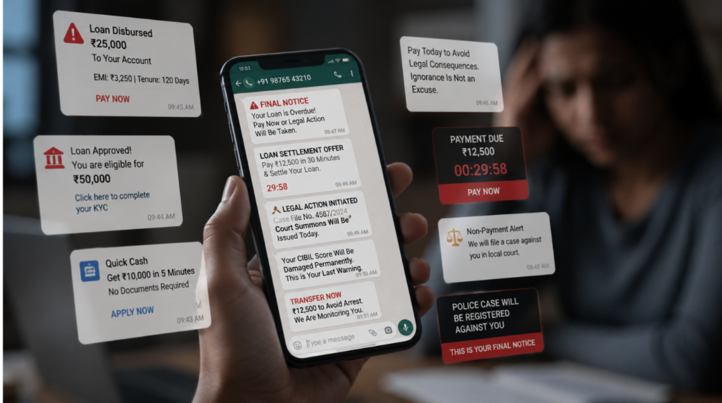 Cyber Fraud visualization with urgent messages and scam notifications overwhelming a smartphone user.