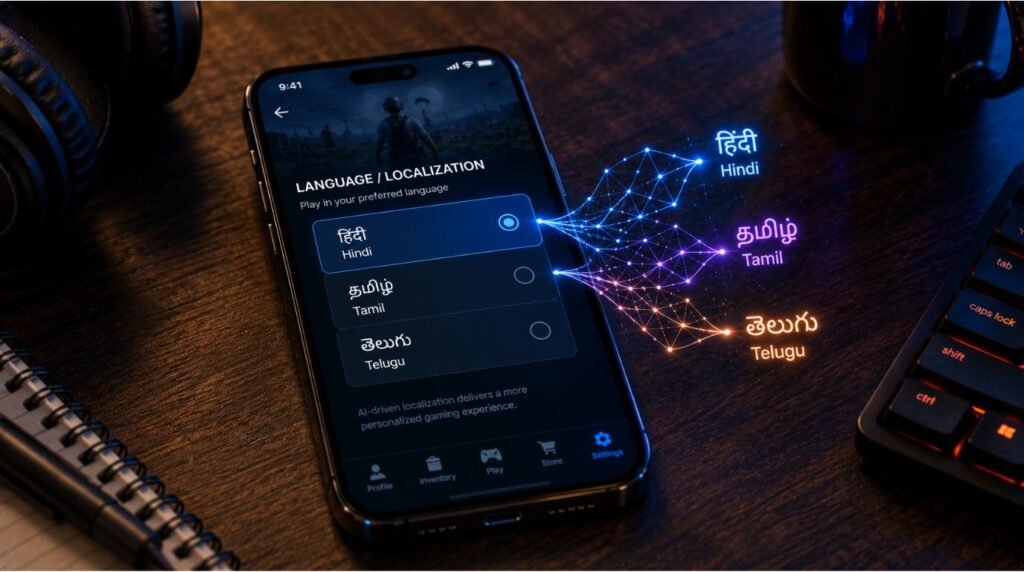 A smartphone screen showing regional Indian language options personalized via AI within a mobile game, highlighting accessibility in the gaming industry in India.