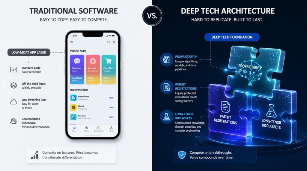 An infographic comparing low-barrier app designs with patent-backed IP frameworks developed by deeptech ecosystem in India.