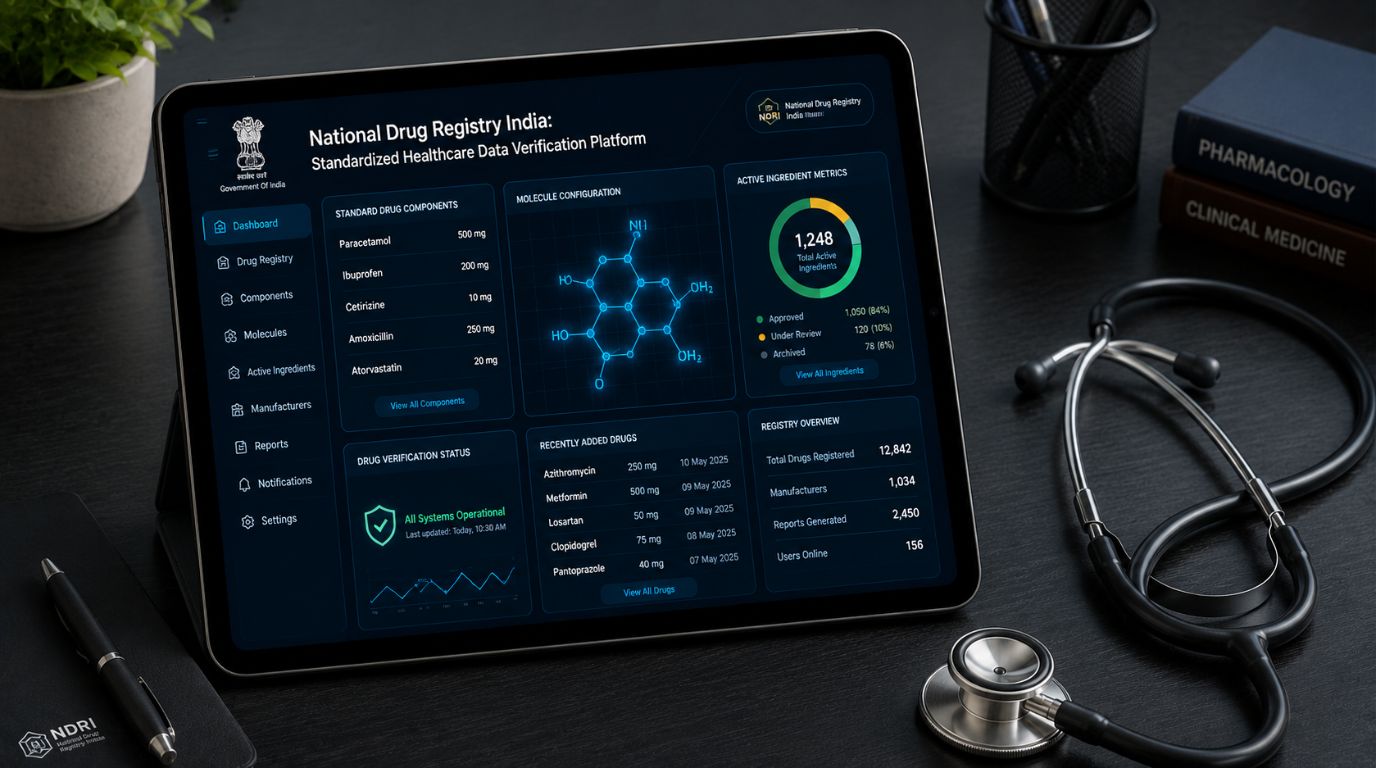 A modern tablet displaying a clinical drug verification interface, illustrating the digital infrastructure behind the National Drug Registry India.